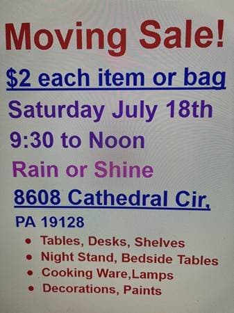 Moving Sale! July 18th 9:30 am to Noon