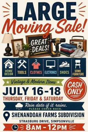 Moving Sale in Shenandoah Farms-Off Jonesville Rd near Five Oaks Acdmy