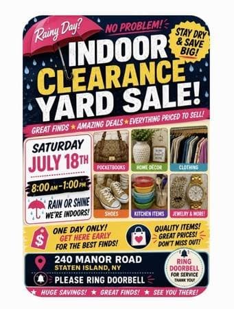 🏡🌧️SATURDAY 7/18 RAINY DAY INDOOR CLEARANCE YARD SALE! 240 MANOR RD!