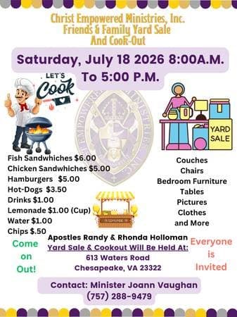 Yard Sale in Great Bridge Saturday, July 18th at 8am-5pm!