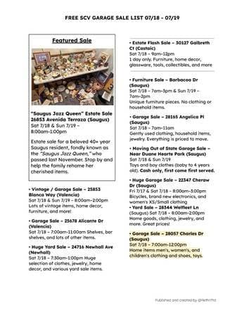 FREE SCV GARAGE SALE LIST
