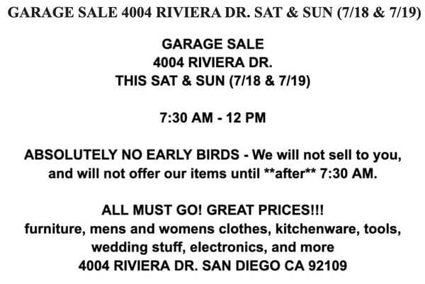 GARAGE SALE 4004 RIVIERA DR. SAN DIEGO CA 92109 SAT & SUN (7/18 & 7/19